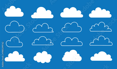 Collection of diverse black cloud shapes and silhouettes on a white background