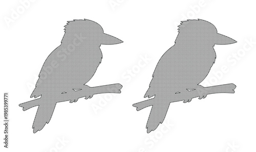 Kookaburra bird silhouette vector set, Australian kingfisher icons on tree branch, grey wildlife animal outlines for nature design