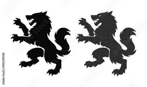 Heraldic wolf rampant silhouettes, medieval beast crest set, black wolf icons for coat of arms design, aggressive canine predator vector graphics