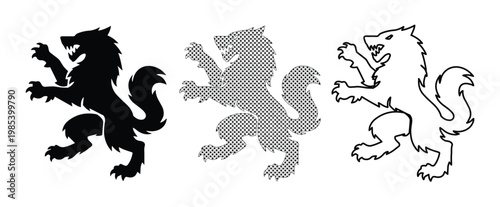 Heraldic wolf rampant silhouettes, medieval beast coat of arms set, black and grey predatory wolf icons for crest design and branding