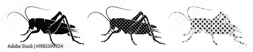 Black cricket silhouette vector set, grasshopper insect icons in solid and halftone styles, cricket bug graphics for nature and pest control design