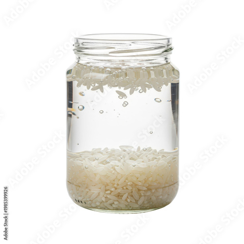 Rice in a glass jar with water and bubbles