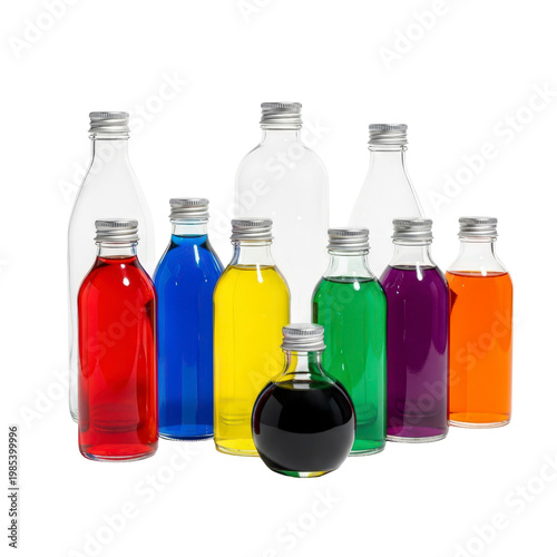 Assortment of colorful liquid filled glass bottles