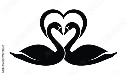 Elegant swan couple silhouette forming a heart shape, romantic black bird vector illustration, minimalist wedding logo design for invitations