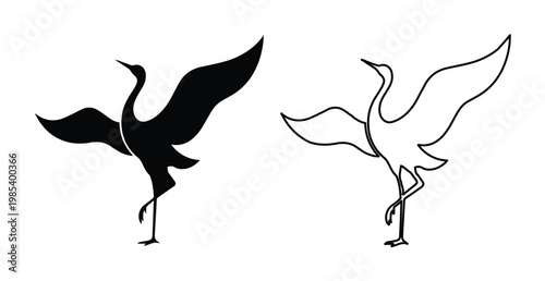 Minimalist crane bird silhouette and line art vector, elegant heron logo icons, graceful flying stork illustrations for branding and nature design