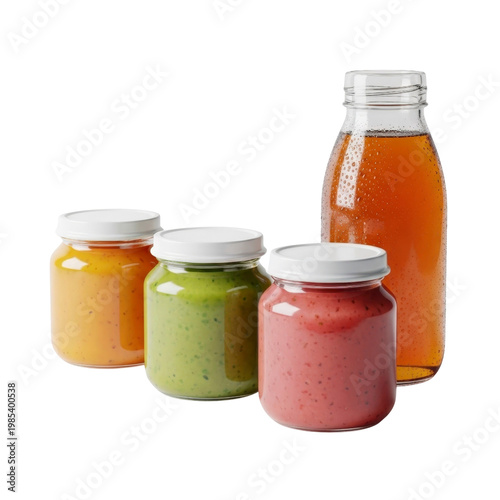 Three jars of baby food and a bottle of juice