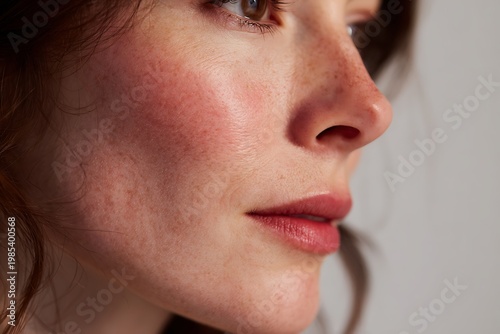 minimal portrait woman with mild rosacea redness, natural beauty,