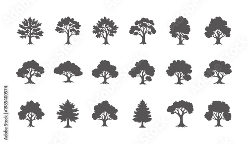 Collection of diverse dark grey tree silhouettes white
