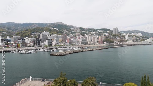 Aerial View of Atami City Along Sagami Bay Coastline Japan