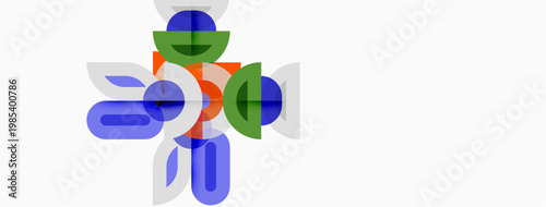 Abstract geometric shapes overlap. Blue, green, orange hues dominate composition. Minimalist design evokes modern aesthetic.