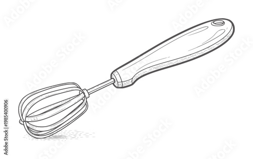 Hand drawn whisk with oval handle and wire balloon whisk kitchen utensil cooking