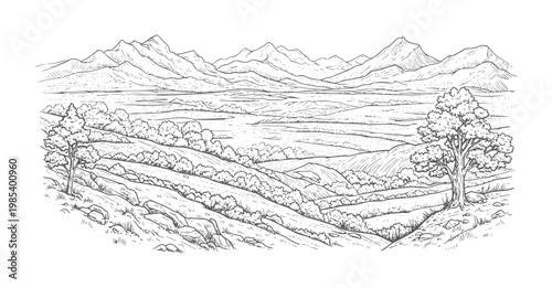 Line landscape of rolling hills fields trees and mountains
