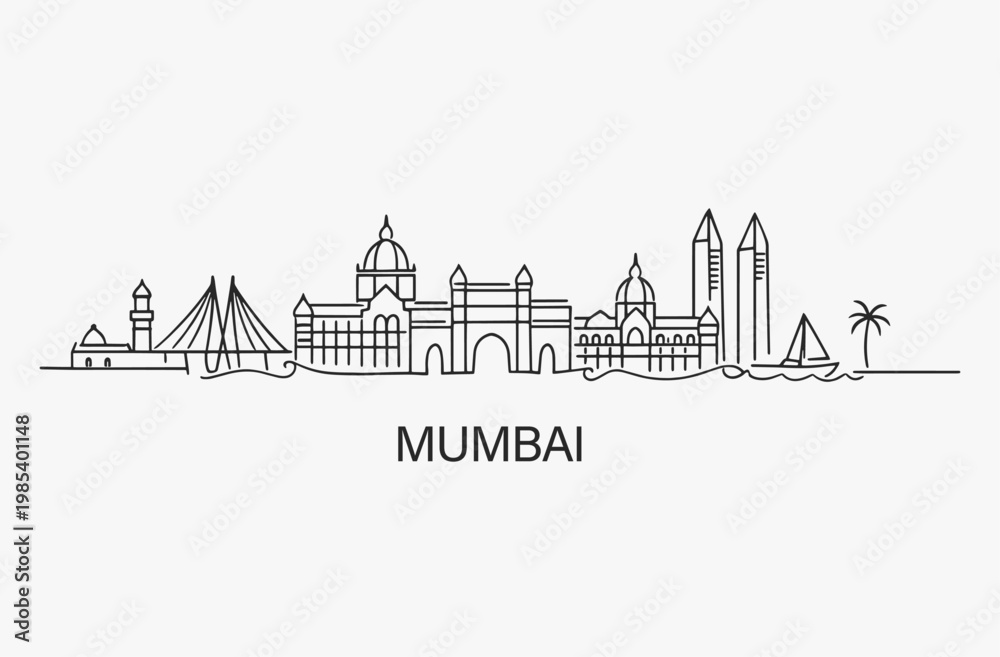 Fototapeta premium Flat Design one line without breaking the Mumbai city.