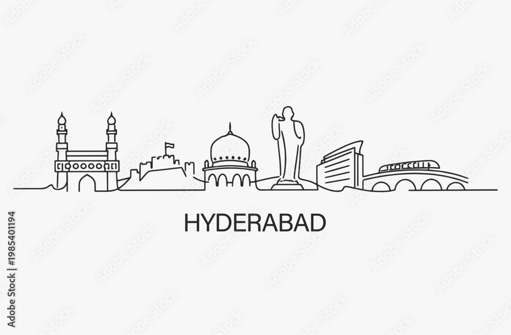Obraz premium Flat Design one line without breaking the Hyderabad city.
