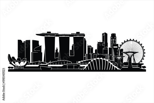 Singapore city skyline, black silhouette vector, urban landscape, cityscape icons