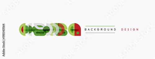 Abstract geometric shapes overlap. Green, red, gray elements create modern design. Text reads background design. Simple composition.