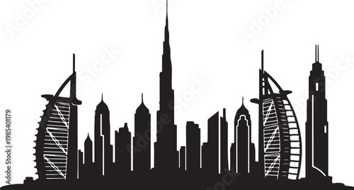 Dubai city skyline, silhouette, iconic buildings, black vector illustration, travel, tourism