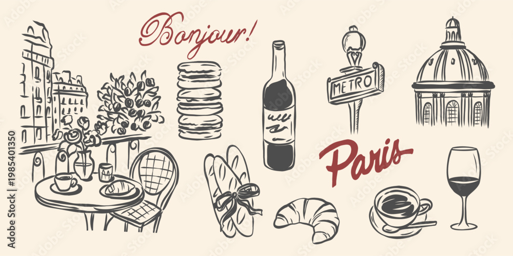 Obraz premium Line art vintage French vacation elements