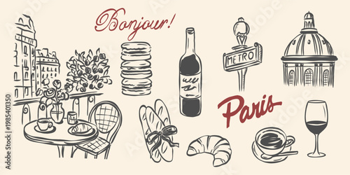 Line art vintage French vacation elements