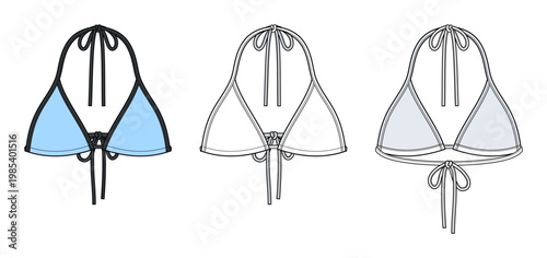 Triangle Bikini Top technical fashion illustration. halter tie bikini top vector template. front and back view. swimwear top. contrast binding detail. women beachwear. CAD mockup.