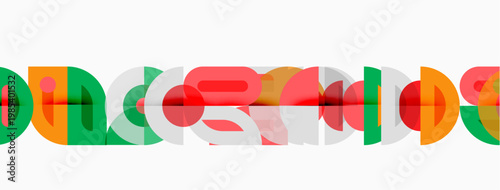 Abstract colorful design. Geometric shapes overlap, creating playful visual rhythm. Bright hues dominate white background.