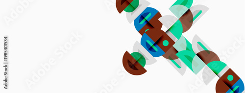 Abstract geometric shapes overlap, creating dynamic visual composition. Colors include blue, green, brown, white. Minimalist design.