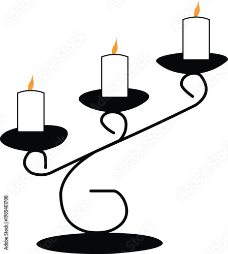 Elegant black candelabra with three white burning candles on white background for interior.