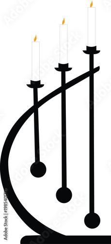 Elegant black candelabra holding three lit white candles on a clean white background.