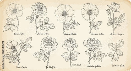 Vintage botanical illustration of ten different rose species with their scientific names on aged paper texture.