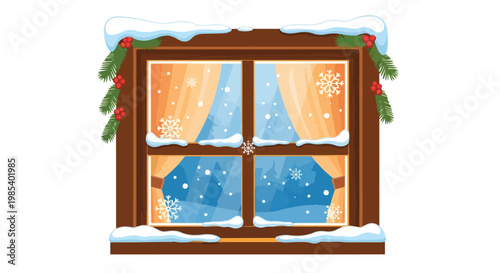 Illustration of a snowy window with Christmas decorations and snowflakes on the panes in a warm, festive mood.