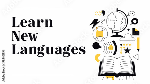 Learn new languages flat vector illustration featuring educational icons like an open book and a globe for school courses or online foreign study programs concept