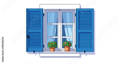 Illustration of a white window with blue shutters and two potted plants on the sill against a plain white background.