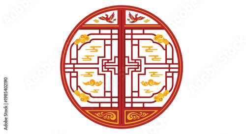 A circular Chinese design with red and gold lines and patterns on a white background, showcasing traditional cultural motifs.