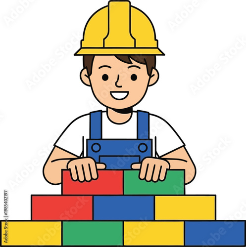 Construction worker boy building with colorful blocks, wearing hard hat and overalls
