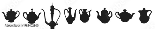 silhouette of a teapot collection on a white background