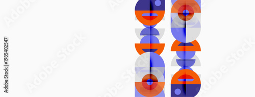 Abstract graphic design features repeating circular patterns. Orange, purple, blue hues create modern visual impact. Minimalist composition, clean lines.