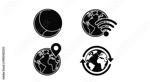 Global communication and geolocation icons represented as a stark silhouette