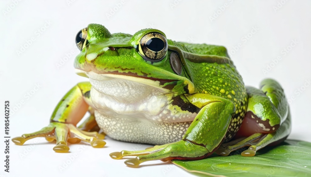 Fototapeta premium Green Frog Sitting on Leaf Closeup.
