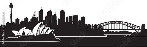 Sydney city skyline, Australia silhouette, black iconic landmarks, urban landscape vector
