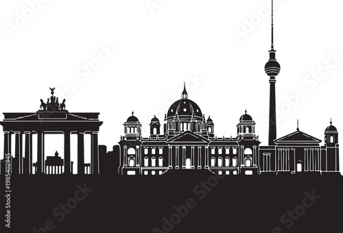 Berlin cityscape, iconic landmarks, vector illustration, black and white