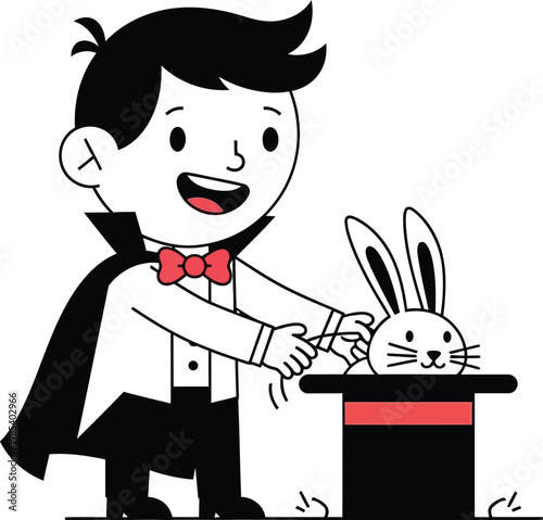 Magician Boy Performing Rabbit Trick from Top Hat, Entertainment Illustration