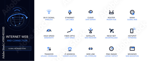 Internet Web and Connection Vector Icon Set, Minimalist Outline UI Elements for Global Network
