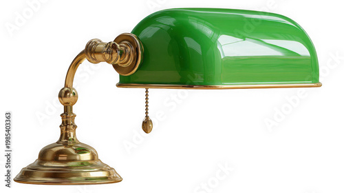A green and gold vintage desk lamp on a black background