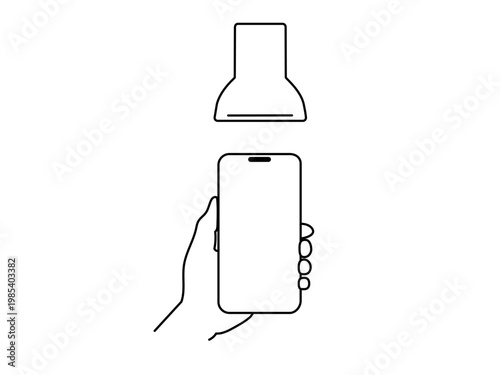 線画スマホを持った手とバーコードリーダーでキャッシュレス決済3