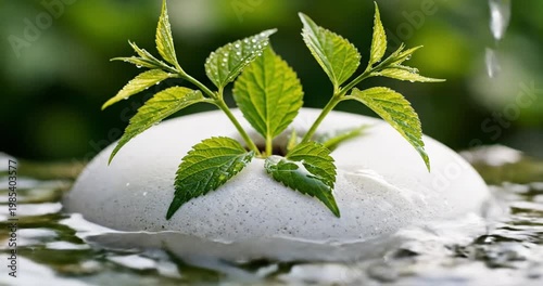 Fresh green mint plants emerging from a smooth stone in tranquil water setting, surrounded by lush foliage