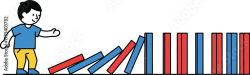 Child starting domino effect, red and blue blocks falling