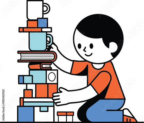Child Stacking Blocks and Books, Building Tower, Learning and Play