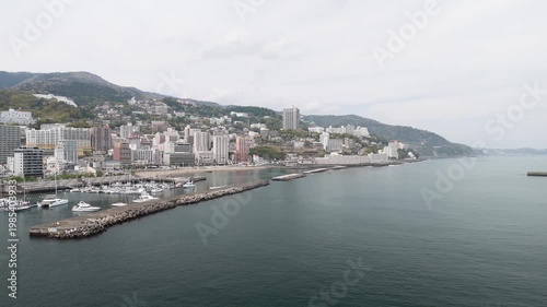 Aerial View of Atami City Along Sagami Bay Coastline Japan