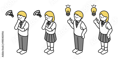 アイソメトリックイラスト:アイデアを思いつく男女 考える男女(夏服高校生)