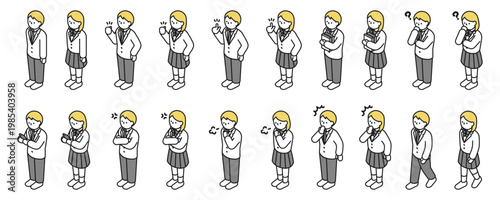 アイソメトリックイラスト：色々なポーズの高校生男女